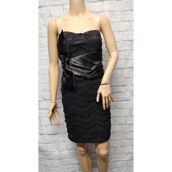 LOVELY DAY M BLACK SEQUIN RUFFLE SATIN BOW PADDED STRAPLESS BODYCON ZIP BACK SHO - Picture 14 of 14